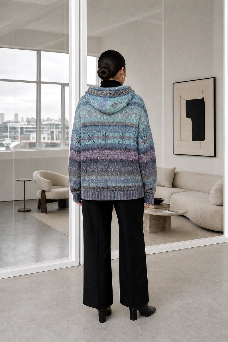 Frida | Ribbed Cuff Hoodie in Blue, studio back view