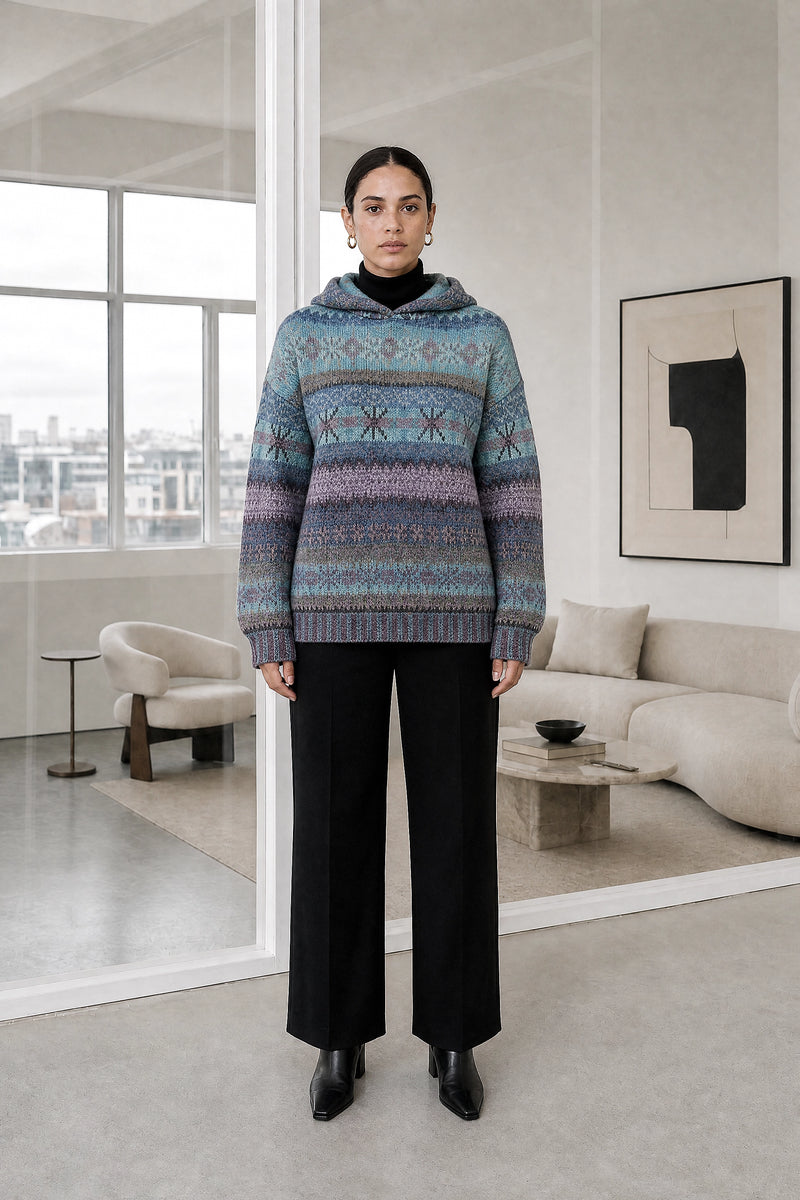 Frida | Ribbed Cuff Hoodie in Blue, studio front view
