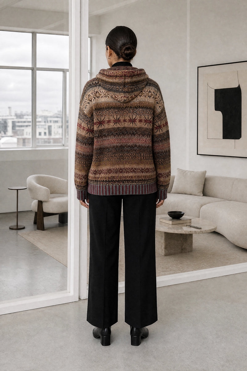 Frida | Ribbed Cuff Hoodie in Brown, studio back view
