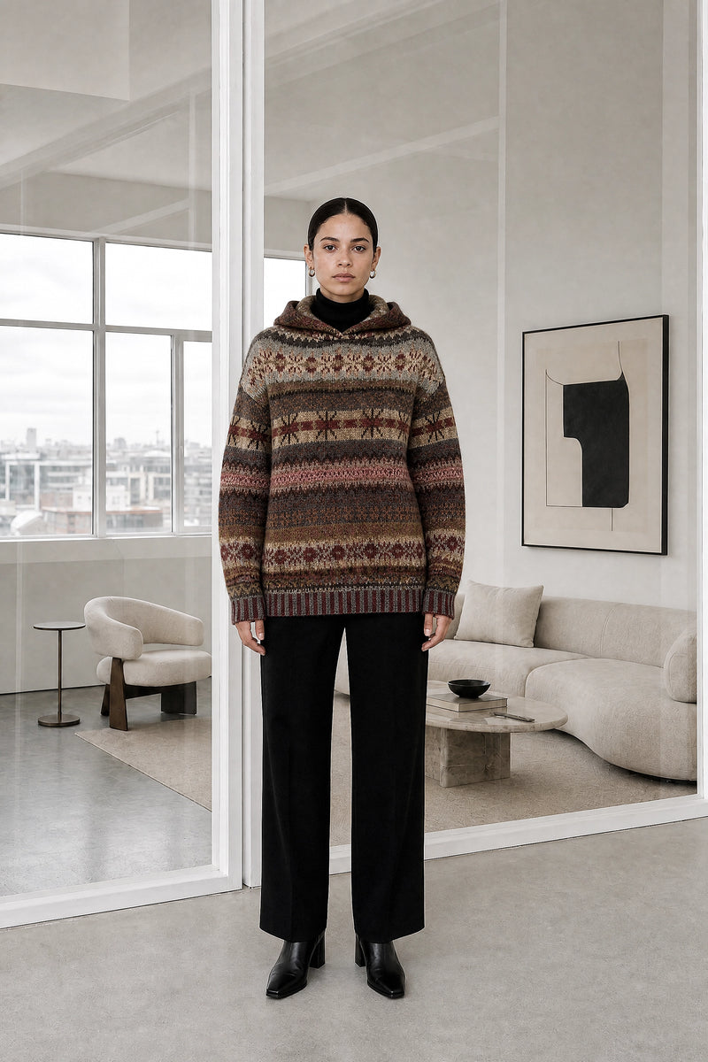 Frida | Ribbed Cuff Hoodie in Brown, studio front view
