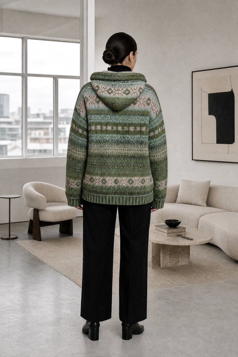 Frida | Ribbed Cuff Hoodie in Green, studio back view