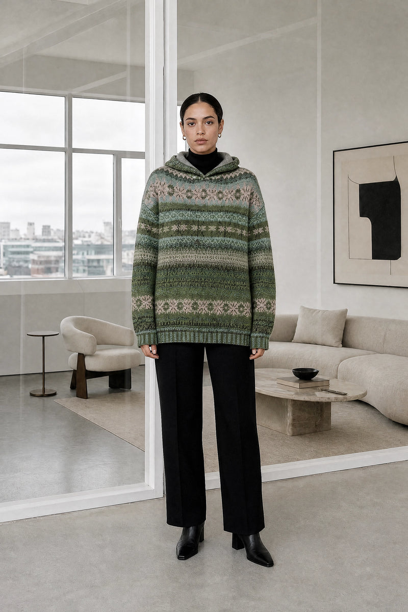 Frida | Ribbed Cuff Hoodie in Green, studio front view