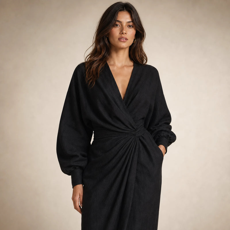 SOFAINE-V5-2026-07-07 Sofaine Georgia linen V-neck wrap maxi dress in Black, worn wrap and V-neck detail