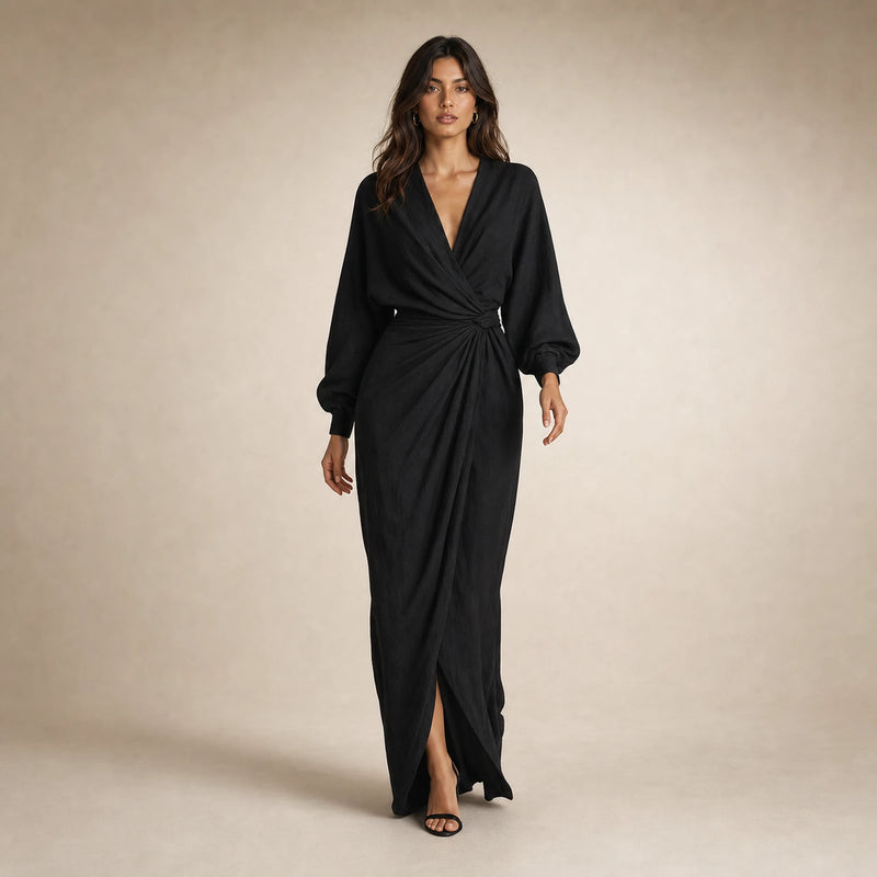 SOFAINE-V5-2026-07-07 Sofaine Georgia linen V-neck wrap maxi dress in Black, styled full look