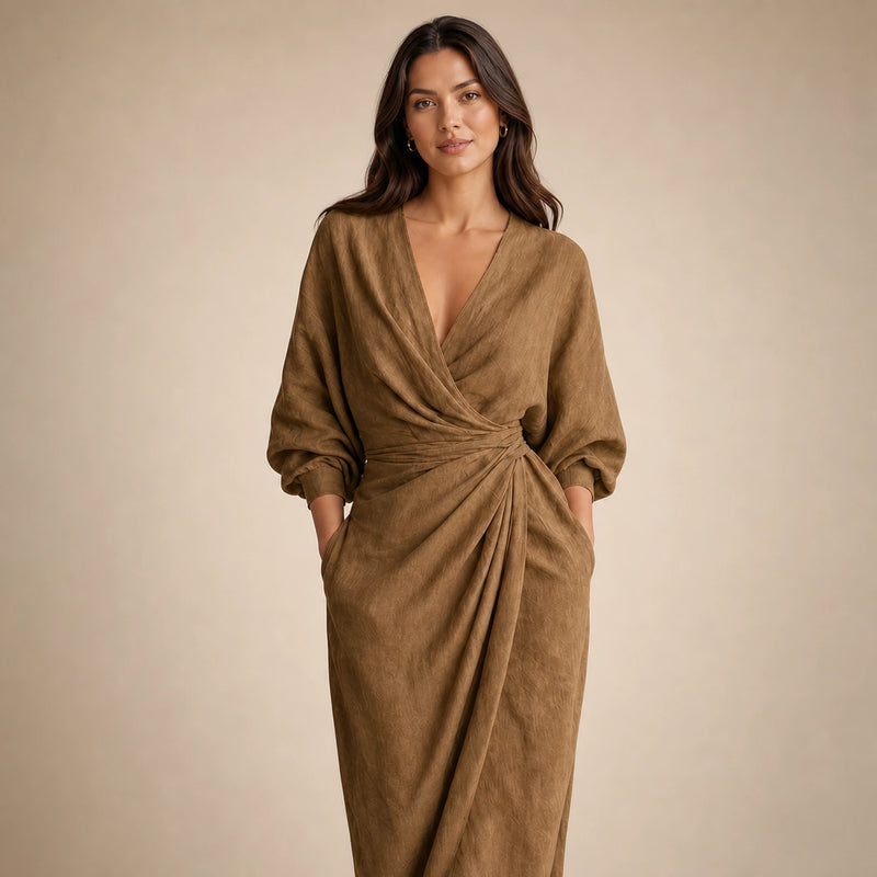 SOFAINE-V5-2026-07-07 Sofaine Georgia linen V-neck wrap maxi dress in Brown, worn wrap and V-neck detail