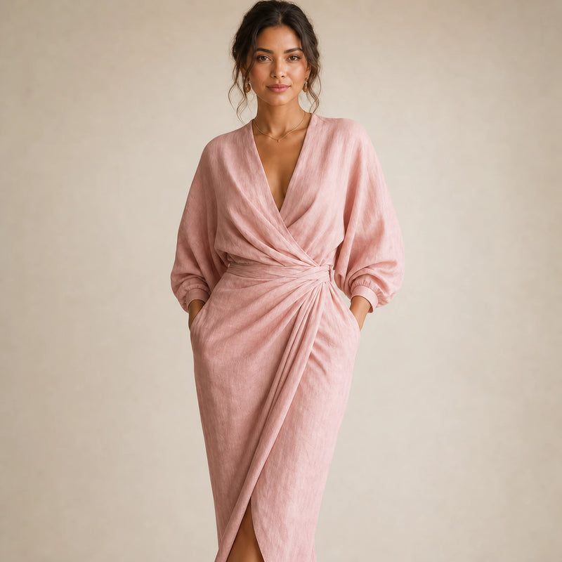 SOFAINE-V5-2026-07-07 Sofaine Georgia linen V-neck wrap maxi dress in Pink, worn wrap and V-neck detail