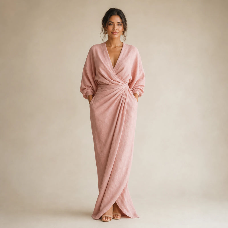 SOFAINE-V5-2026-07-07 Sofaine Georgia linen V-neck wrap maxi dress in Pink, worn front hero