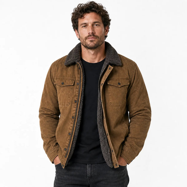 Sofaine Gabriel sherpa-lined utility jacket in Brown, worn front hero