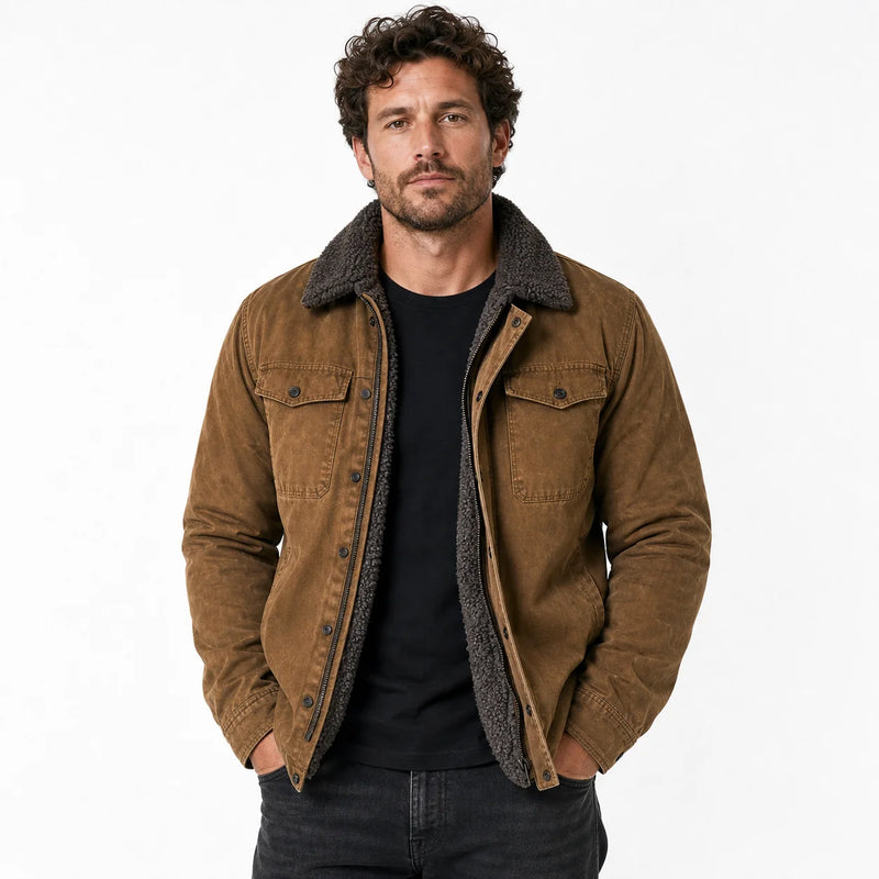 Sofaine Gabriel sherpa-lined utility jacket in Brown, worn front hero