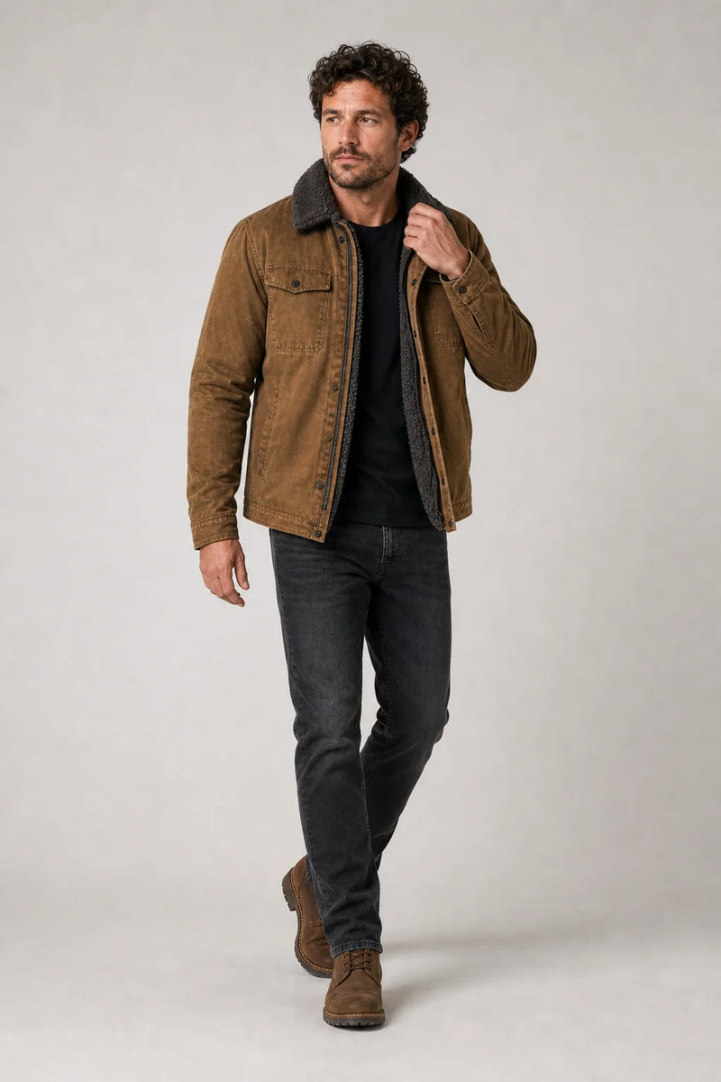 Sofaine Gabriel sherpa-lined utility jacket in Brown, styled full look