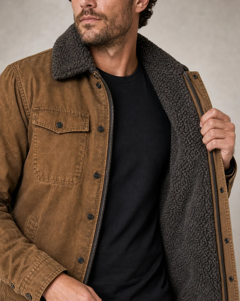 Sofaine Gabriel sherpa-lined utility jacket in Brown, sherpa collar and lining detail
