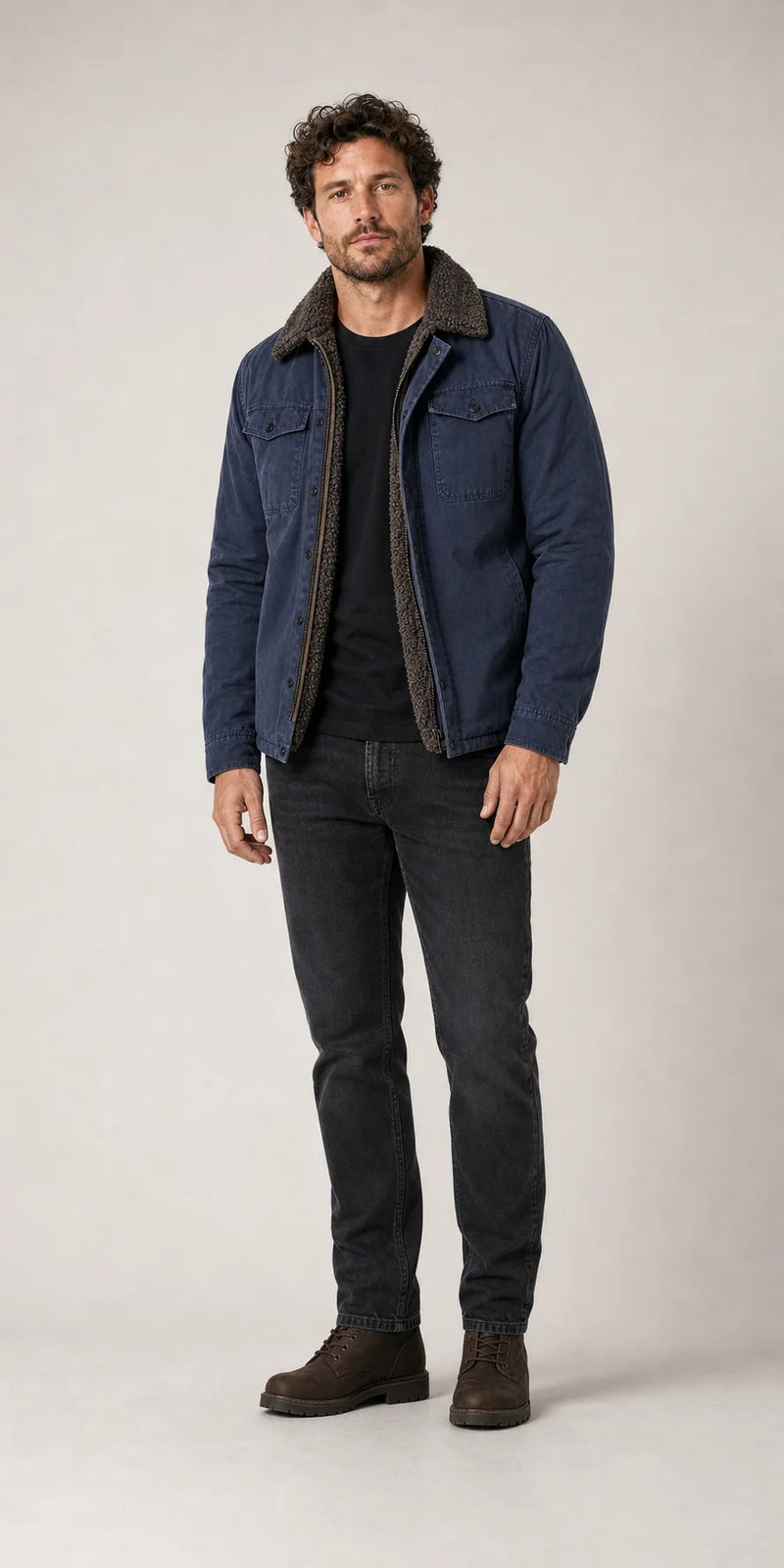 Sofaine Gabriel sherpa-lined utility jacket in Blue, worn front