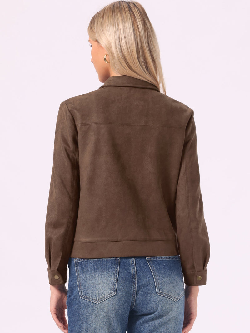 Faux Suede Zip Jacket for Women with Point Collar and Snap Placket in Coffee, back view
