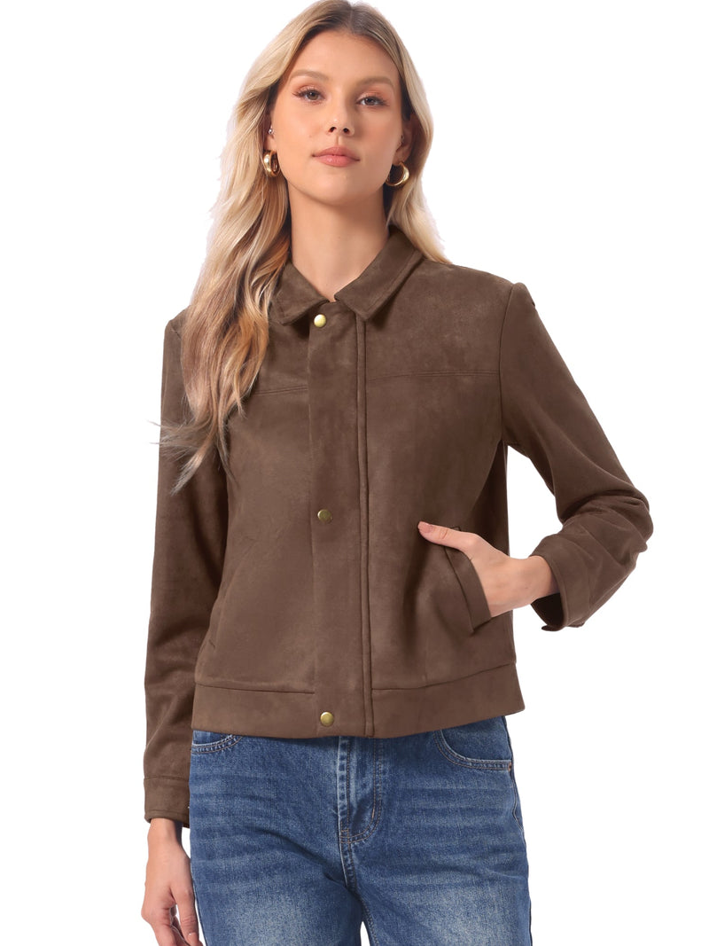 Faux Suede Zip Jacket for Women with Point Collar and Snap Placket in Coffee, front view with pocket