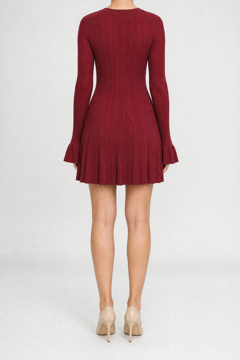 Sofaine Gabriella ribbed knit bell sleeve dress in Burgundy, back view studio shot