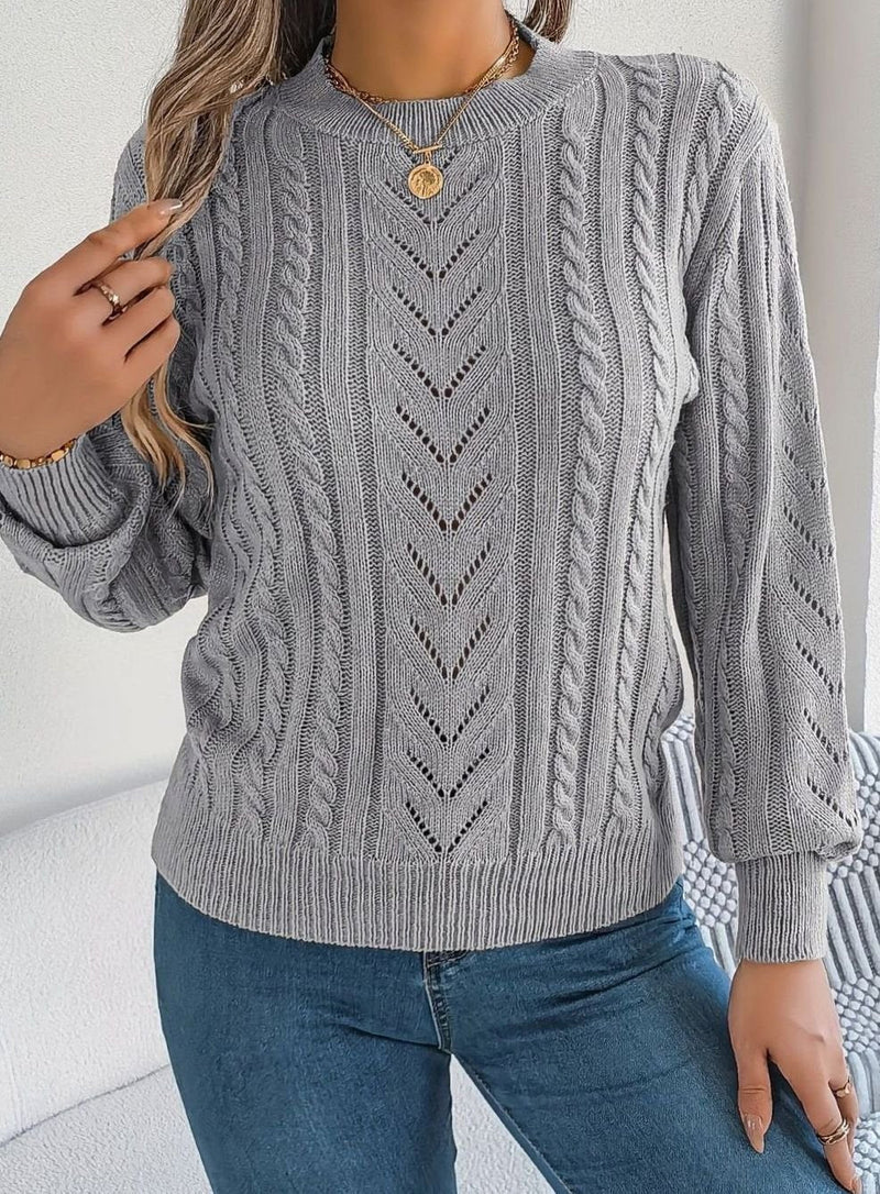 Cable Knit Crewneck Sweater for Women with Pointelle Chevron Detail in Gray, front view 2