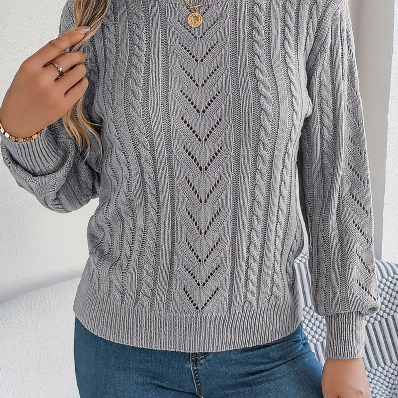 Cable Knit Crewneck Sweater for Women with Pointelle Chevron Detail in Gray, front view