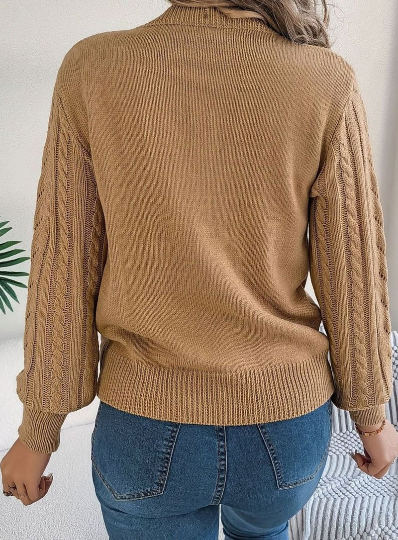 Cable Knit Crewneck Sweater for Women with Pointelle Chevron Detail in Khaki, back view