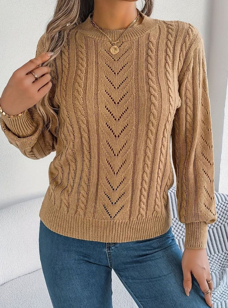 Cable Knit Crewneck Sweater for Women with Pointelle Chevron Detail in Khaki, front view 2