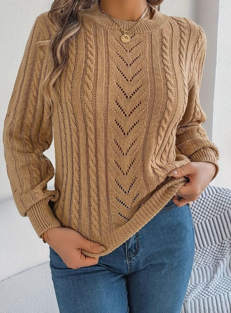 Cable Knit Crewneck Sweater for Women with Pointelle Chevron Detail in Khaki, front view 3