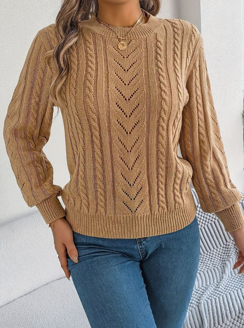 Cable Knit Crewneck Sweater for Women with Pointelle Chevron Detail in Khaki, front view 4