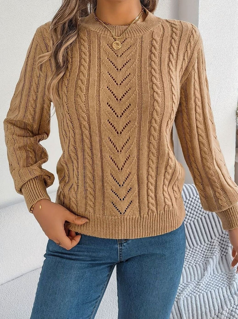 Cable Knit Crewneck Sweater for Women with Pointelle Chevron Detail in Khaki, front view 5