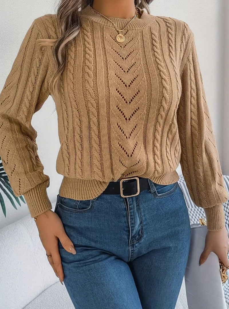 Cable Knit Crewneck Sweater for Women with Pointelle Chevron Detail in Khaki, styled view