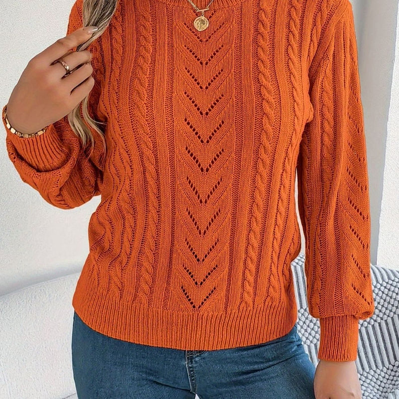 Cable Knit Crewneck Sweater for Women with Pointelle Chevron Detail in Orange, front view