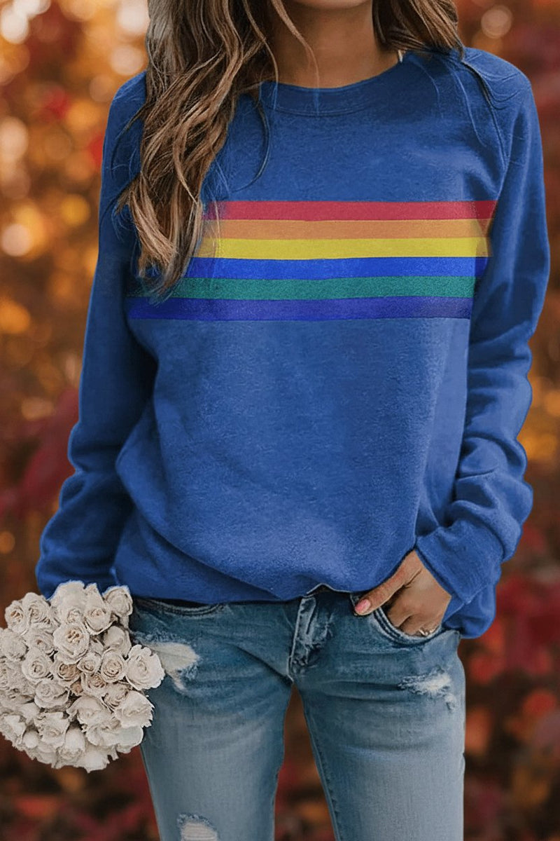 Rainbow Striped Sweatshirt for Women with Crew Neck and Ribbed Cuffs in Blue, front view