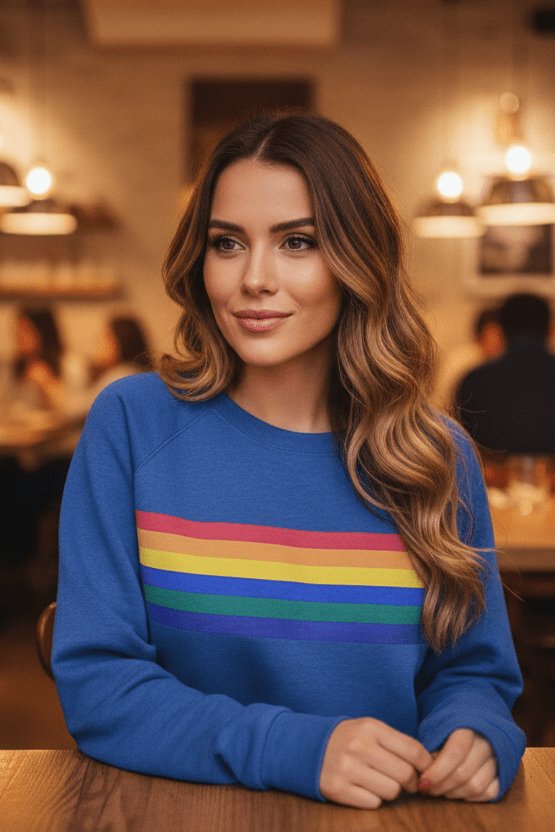 Rainbow Striped Sweatshirt for Women with Crew Neck and Ribbed Cuffs in Blue, styled view