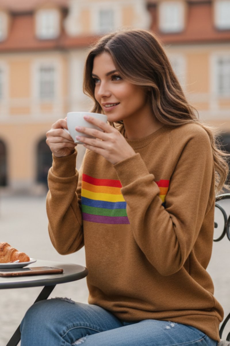 Rainbow Striped Sweatshirt for Women with Crew Neck and Ribbed Cuffs in Camel, styled view