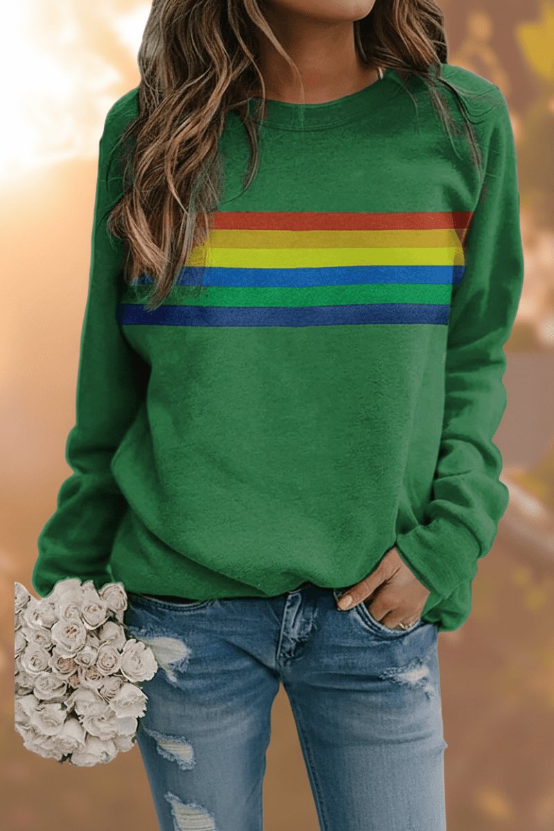 Rainbow Striped Sweatshirt for Women with Crew Neck and Ribbed Cuffs in Green, front view