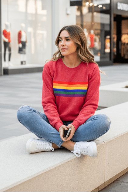 Rainbow Striped Sweatshirt for Women with Crew Neck and Ribbed Cuffs in Red, styled view