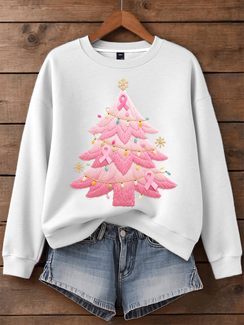 Christmas Tree Sweatshirt for Women with Embroidered Design and Crew Neck in White, styled flat lay