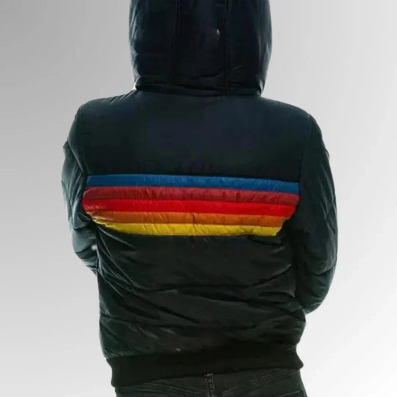 Striped Puffer Bomber Jacket for Women with Hood and Ribbed Cuffs in Black, back view with hood