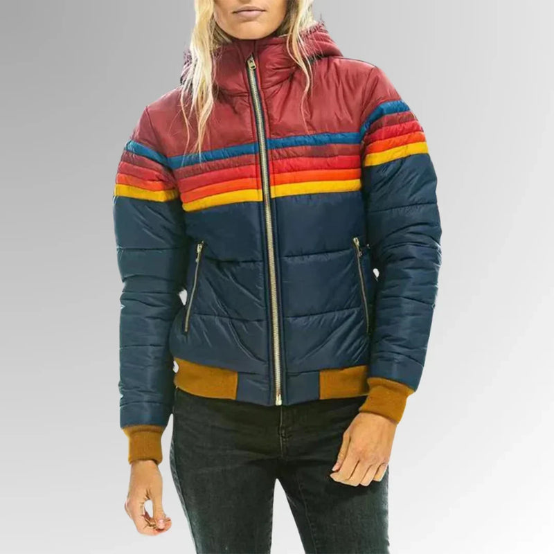 Striped Puffer Bomber Jacket for Women with Hood and Ribbed Cuffs in Blue, front view