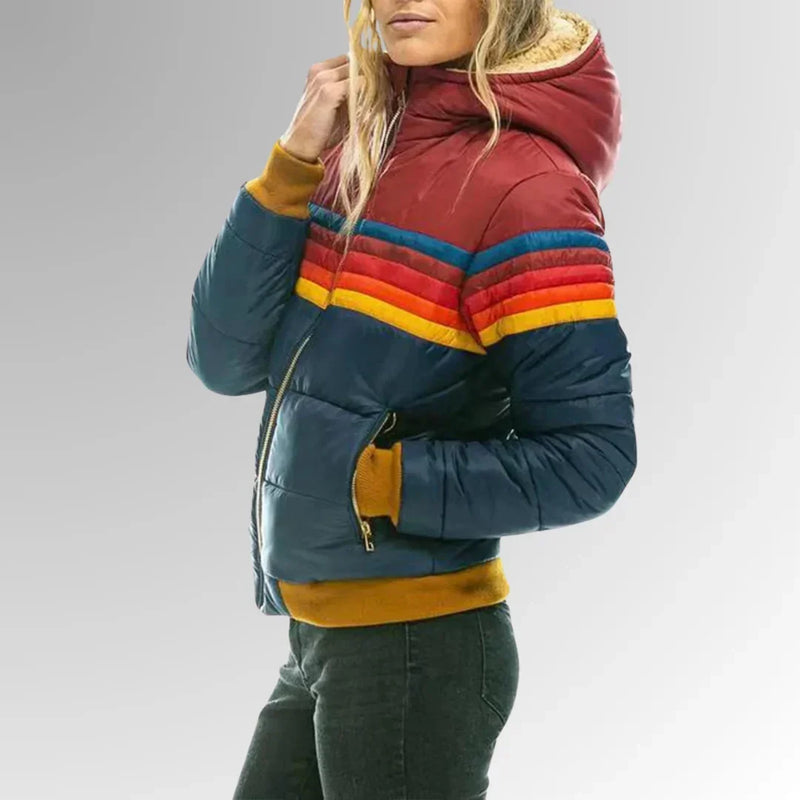 Striped Puffer Bomber Jacket for Women with Hood and Ribbed Cuffs in Blue, side view