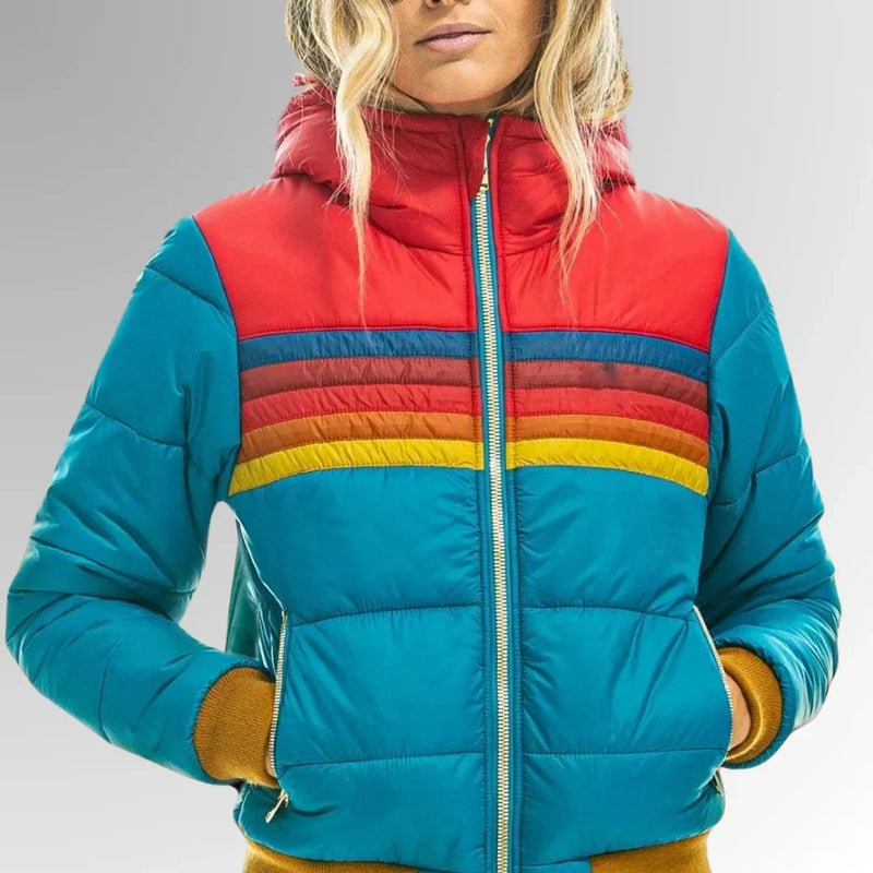 Striped Puffer Bomber Jacket for Women with Hood and Ribbed Cuffs in Light Blue, front view