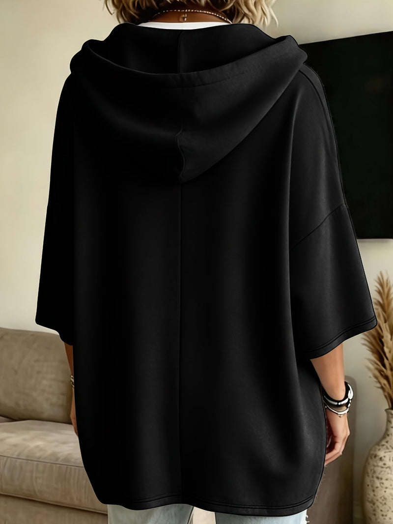 Oversized Batwing Hoodie for Women with Half Sleeves and Patch Pockets in Black, back view