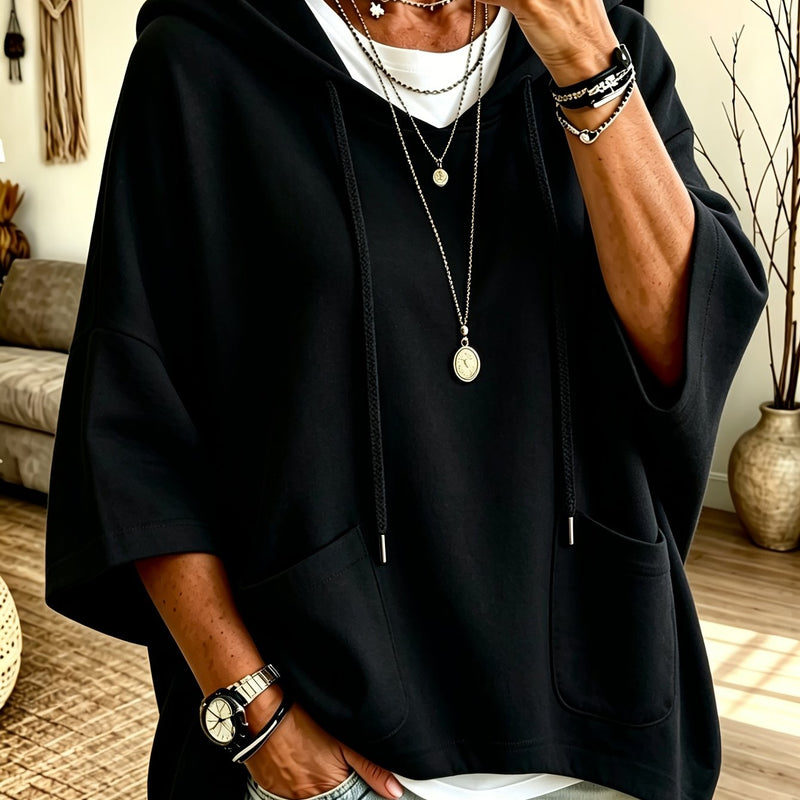 Oversized Batwing Hoodie for Women with Half Sleeves and Patch Pockets in Black, front view 3