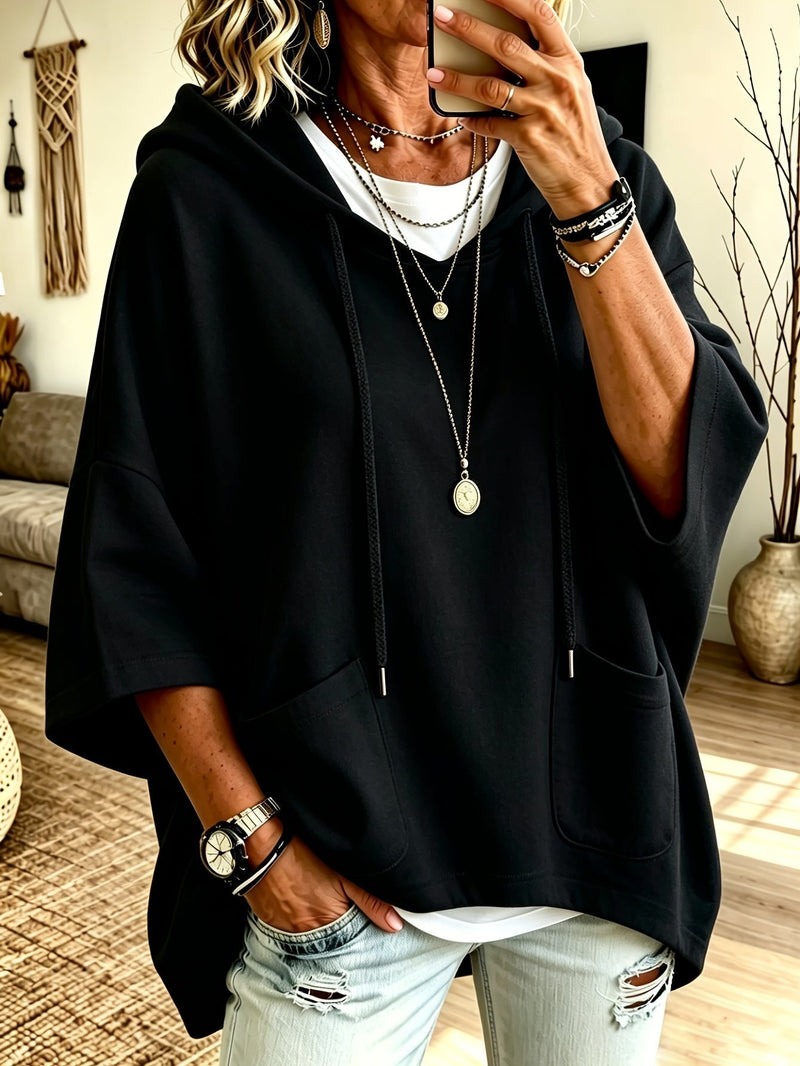Oversized Batwing Hoodie for Women with Half Sleeves and Patch Pockets in Black, front view