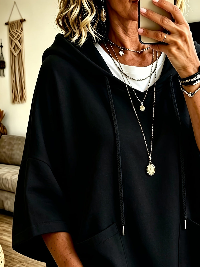 Oversized Batwing Hoodie for Women with Half Sleeves and Patch Pockets in Black, front view 2