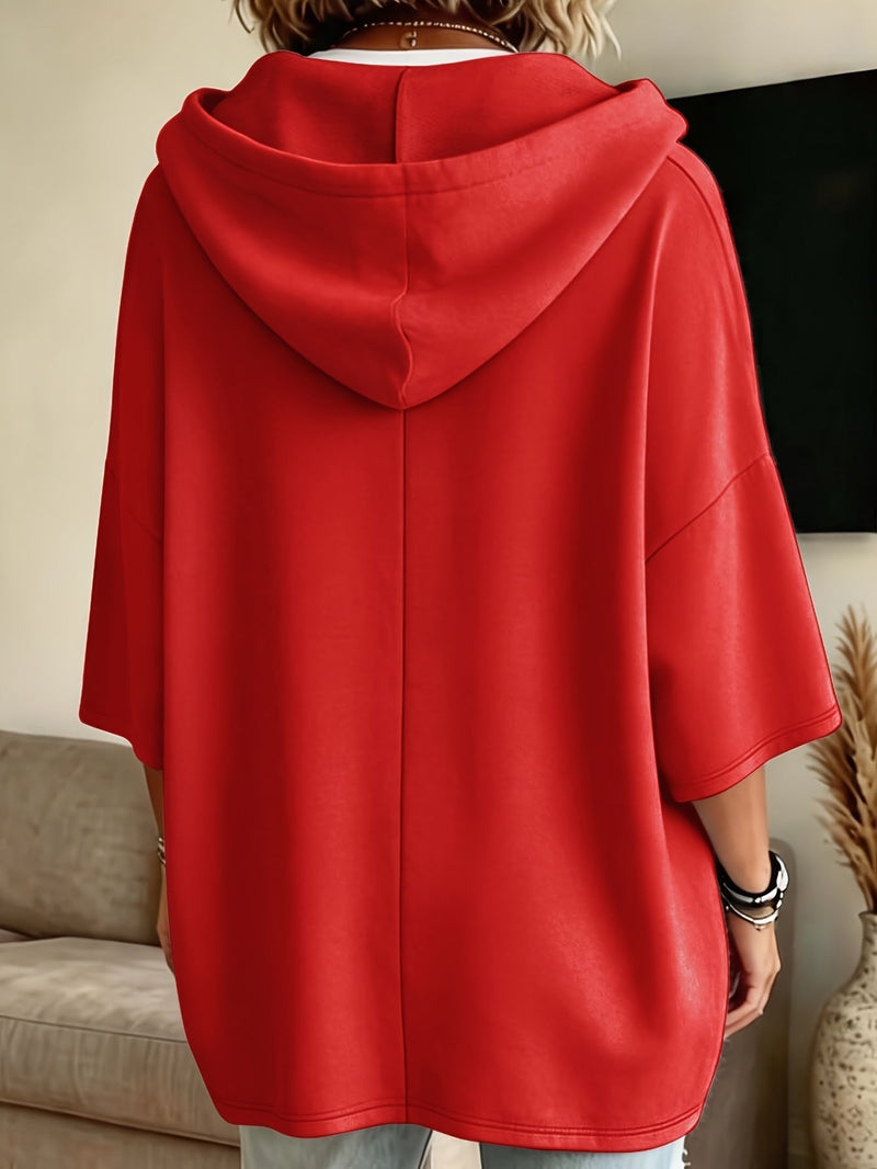 Oversized Batwing Hoodie for Women with Half Sleeves and Patch Pockets in Red, back view