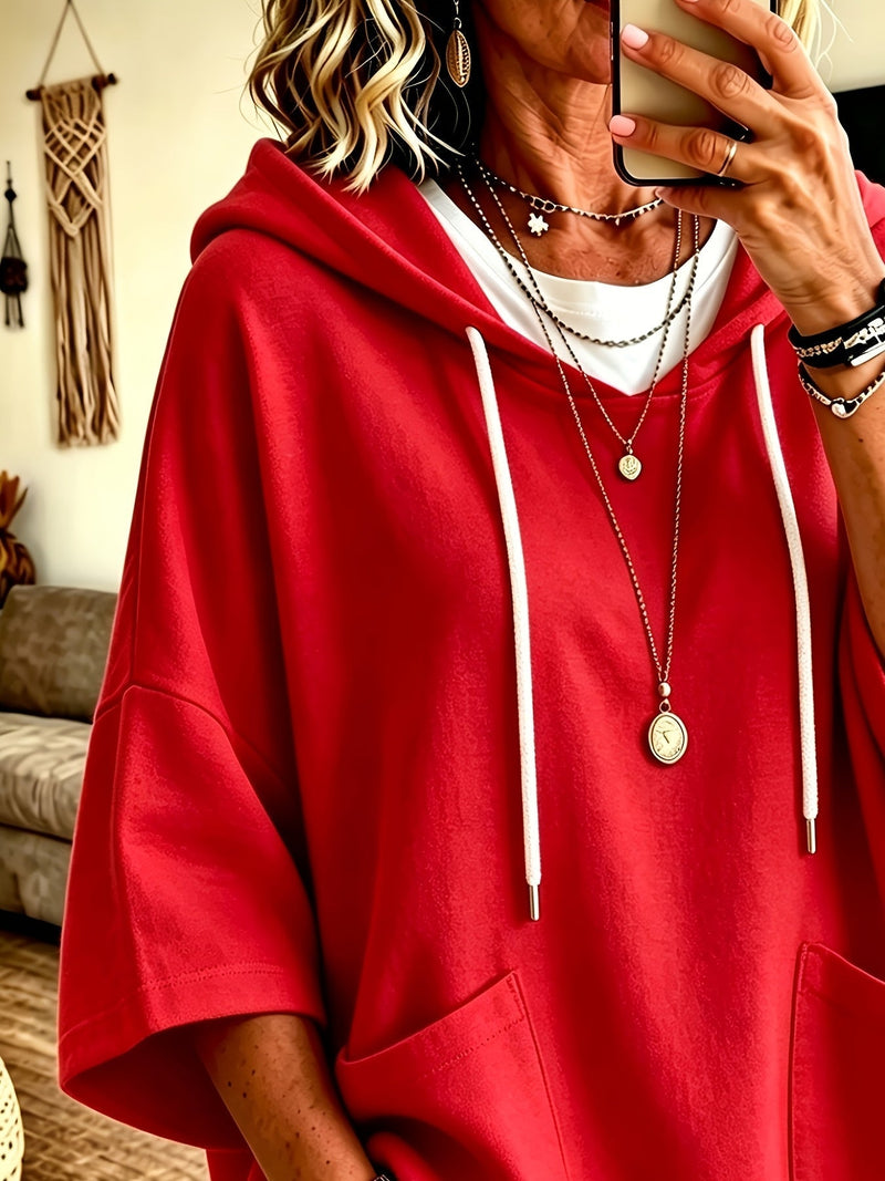 Oversized Batwing Hoodie for Women with Half Sleeves and Patch Pockets in Red, front view 2