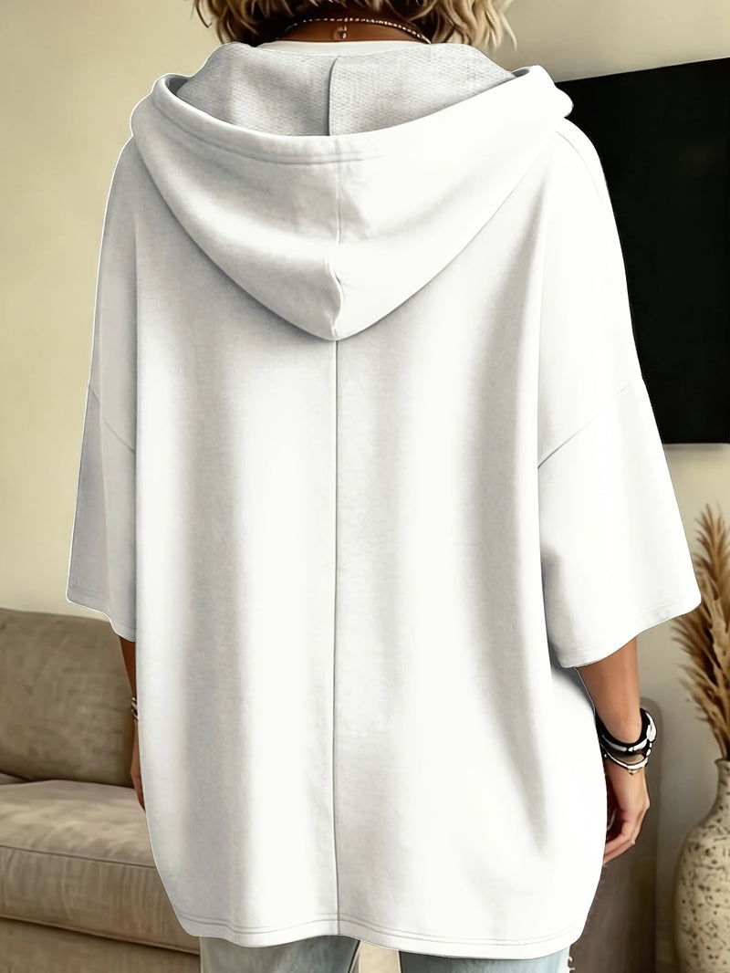 Oversized Batwing Hoodie for Women with Half Sleeves and Patch Pockets in White, back view