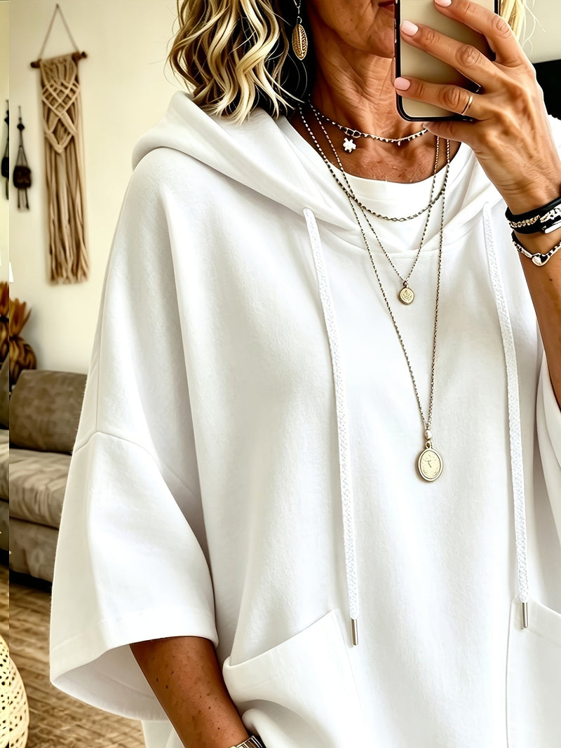 Oversized Batwing Hoodie for Women with Half Sleeves and Patch Pockets in White, front view 2