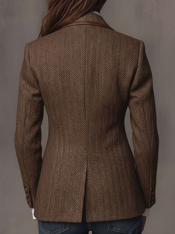 Herringbone Tweed Blazer for Women with Paisley Lapels and Ribbed Cuffs in Brown, back view