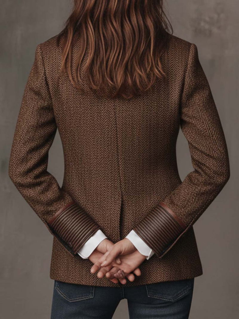 Herringbone Tweed Blazer for Women with Paisley Lapels and Ribbed Cuffs in Brown, back view with cuffs