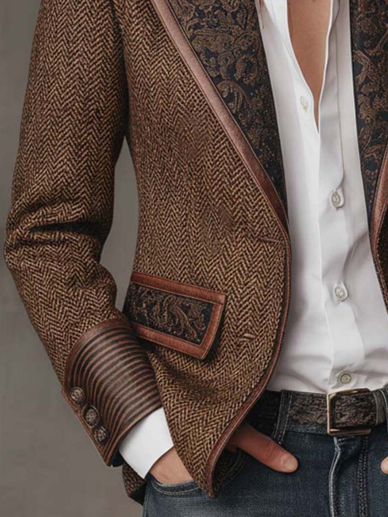 Herringbone Tweed Blazer for Women with Paisley Lapels and Ribbed Cuffs in Brown, cuff and pocket detail
