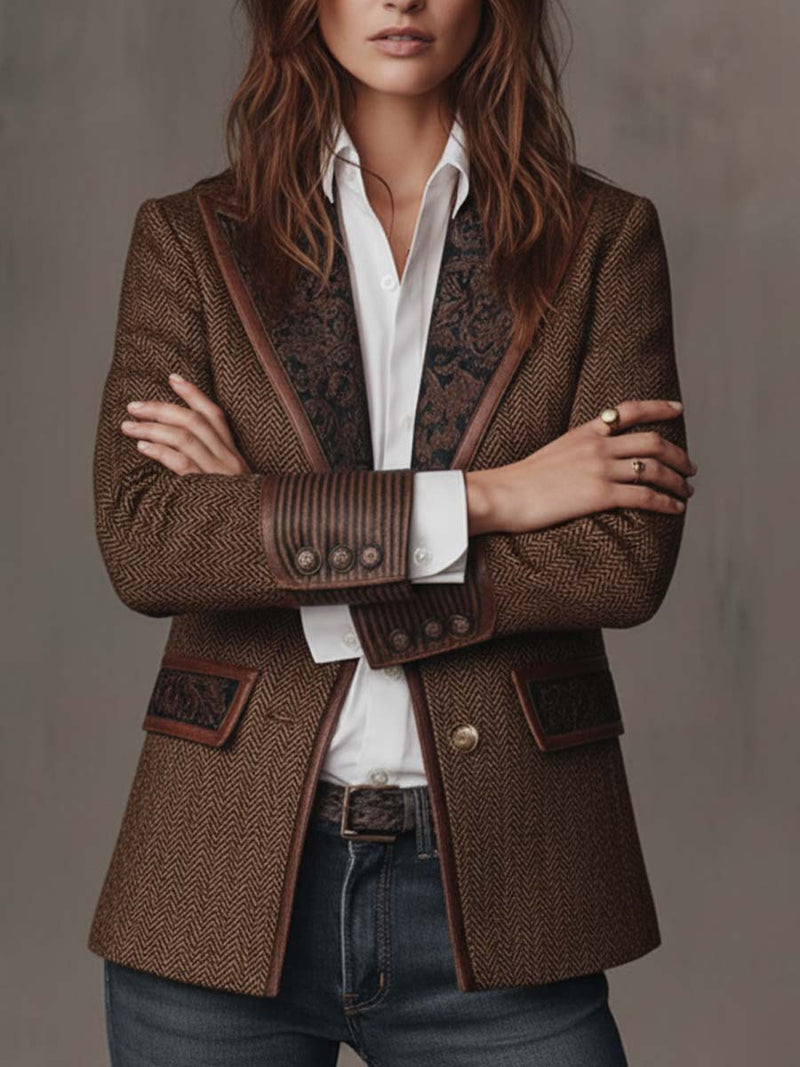 Herringbone Tweed Blazer for Women with Paisley Lapels and Ribbed Cuffs in Brown, front view with arms crossed